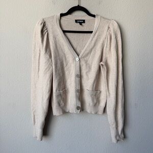 Express Cream Button-Front Puff Sleeve Cardigan Sweater Size M